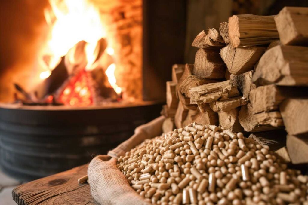 Pellets liegen vor einem Kaminfeuer auf dem Boden.